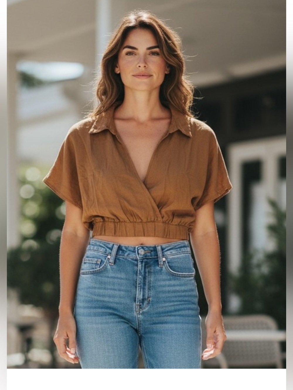 Zenana Women’s Cropped Linen Blend Blouse - S